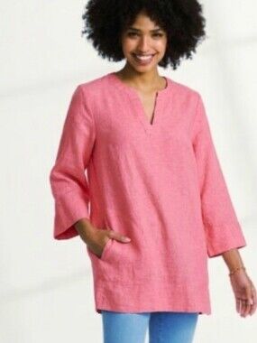 Lands' End Linen Blend Pink Split Neck 3/4 Sleeve Tunic Size Small Pockets